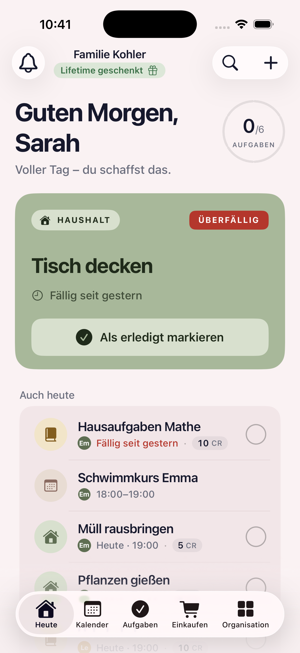 FamilyManager: Heute-Ansicht mit Aufgaben