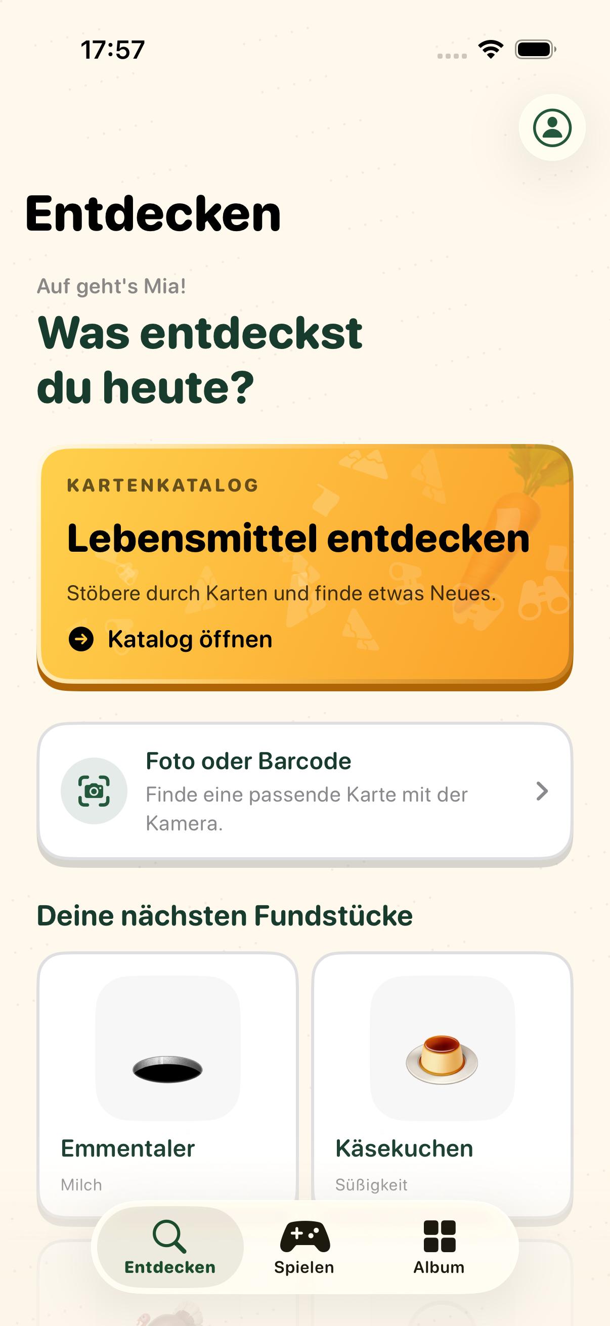 Track4Kids: Entdecken-Ansicht mit Lebensmittel-Karten